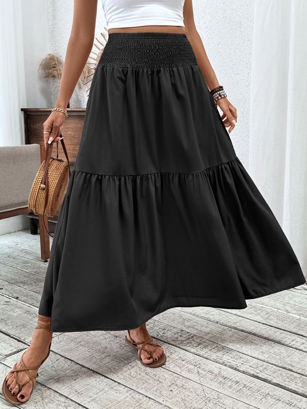 High Waist Elastic A-line Long Skirt, Women Solid Spliced Umbrella Skirt, Elegant Casual Dress Skirt For Summer & Autumn_ecoleips.com