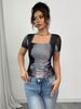Women's Clothing Retro Women's Tie Dye Print Mesh T-Shirt Square Neck Short Base Layer Top For Formal & Casual For Women_ecoleips.com