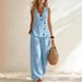 Women's Summer Solid Color Asymmetrical 3D Textured Vest Wide Leg Pants Loungewear Set for Resort Casual Style_ecoleips.com