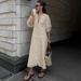 Women's Clothing Ins Simple Linen V Neck Puff Sleeve Backless Lace Up Dress Spring And Autumn_ecoleips.com