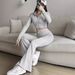 Fashion Solid Color Ribbed Two-Piece Zipper Long Sleeve Short Top And High Waist Flared Pants Set Women's Casual_ecoleips.com