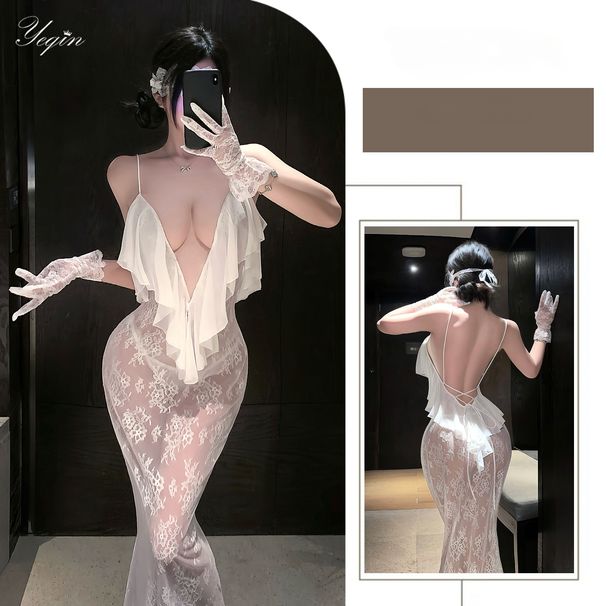 Yeqin Sexy Lingerie Pure Desire Lazy See-Through Nightdress Plus Size Lace Passionate Deep V Low-Cut Backless Set 7761_ecoleips.com