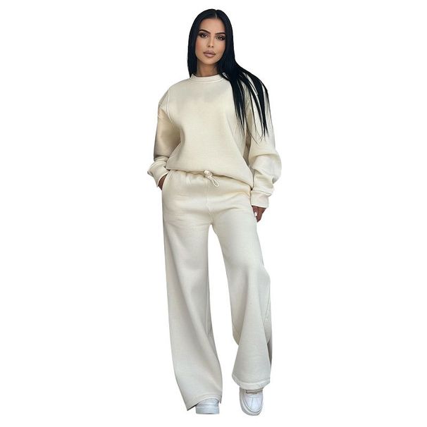 Women's Clothing Solid Color Round Neck Long Sleeve Loose Women's Fashion Casual Wide Leg Pants Suit_ecoleips.com