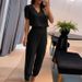 Women's Solid Color V Neck Short Sleeve Top And Jogger Pants Set Casual Comfortable Outfit_ecoleips.com