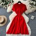 Women's Clothing Red Style Knitted Dress For Women Short Sleeve High Waist A-Line Skirt Slimming Sophisticated Summer Fashion_ecoleips.com