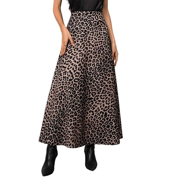 Voya Women's Retro Slim Leopard Print Large A-line Skirt With A Hanging Feeling, Fashionable And Casual Versatile Mid Length Skirt_ecoleips.com