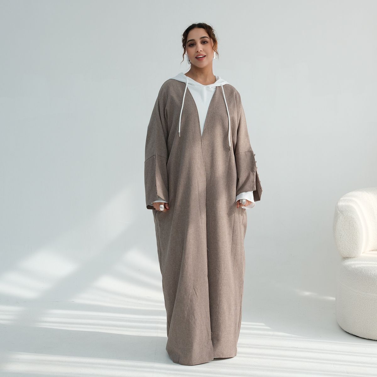Women's Clothing Modest Abaya Dress Plus-Size V-Neck Cardigan – Lightweight Polyester Cover-Up In Earthy Tones (Modest & Versatile For Work & Travel)_ecoleips.com