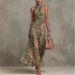 Women's Green Floral Print Halter Maxi Dress Sleeveless High Neck Ruched Waist Chiffon Flowy Evening Party Dress_ecoleips.com