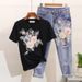 Women's Clothing popular women's fashion suit summer embroidered three dimensional flower T shirt + ripped nine point jeans_ecoleips.com