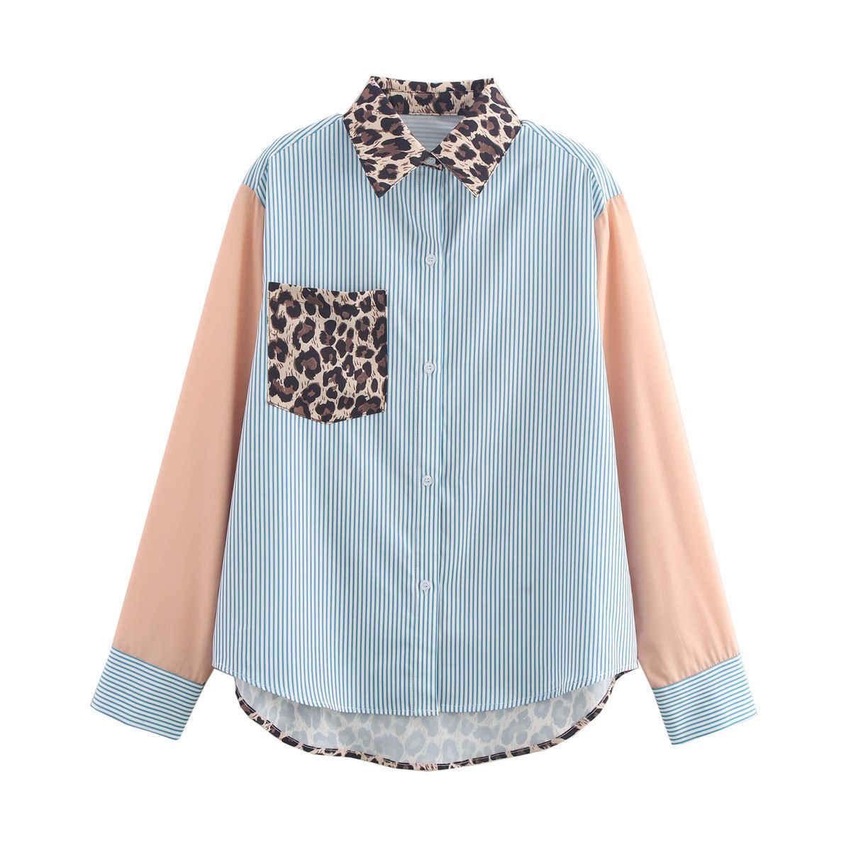Women's Clothing Autumn New Fashion Print Leopard Stripes Contrast Color Stitching Interface Pocket Decoration Shirt Top_ecoleips.com
