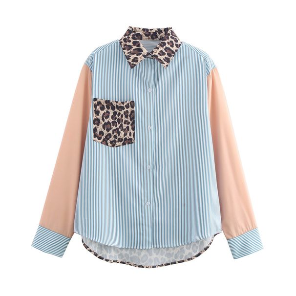 Women's Clothing Autumn New Fashion Print Leopard Stripes Contrast Color Stitching Interface Pocket Decoration Shirt Top_ecoleips.com