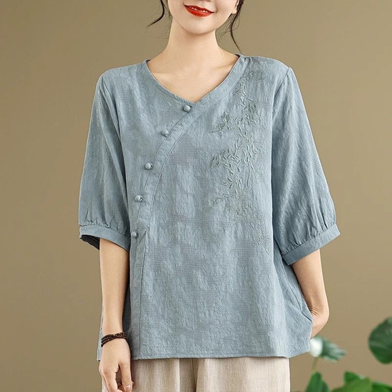 New Chinese Style Mom Cotton Linen Short-Sleeve T-Shirt, Women's Summer Half-Sleeve Mid-Sleeve Traditional Chinese Style_ecoleips.com