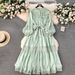 Elegant French-Style Lace Trim Bubble Sleeve Dress With Bow Tie & Peter Pan Collar – Flowy Midi Length For Women_ecoleips.com