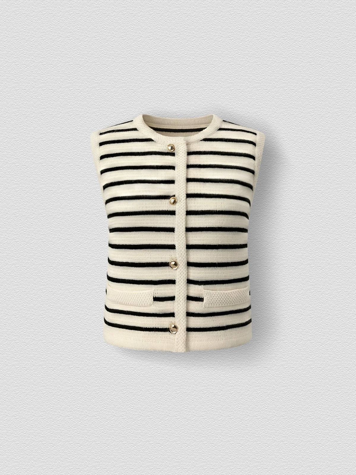 Classic Striped Knit Vest, Women's Sleeveless Button-Up Sweater For Layering_ecoleips.com