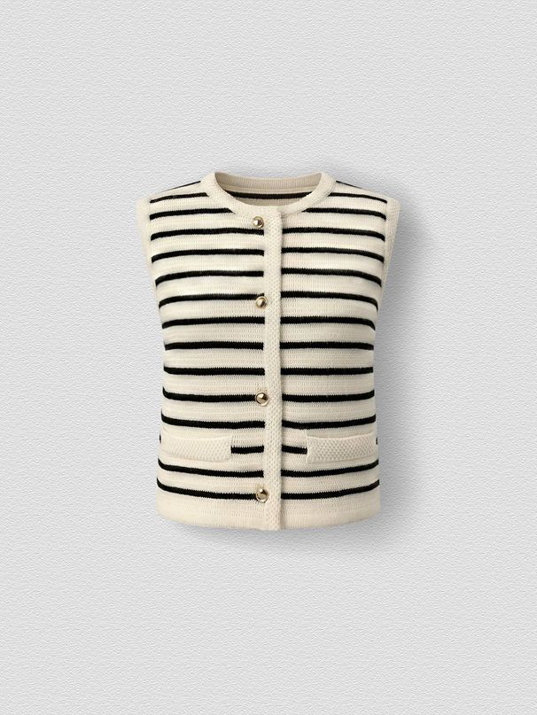 Classic Striped Knit Vest, Women's Sleeveless Button-Up Sweater For Layering_ecoleips.com