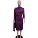 Women's Asymmetrical High-Neck Midi Dress – Stretchy Polyester Blend, Fall/Winter Fashion, Zipper Detail_ecoleips.com