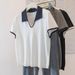 Korean Style Women's Oversized Casual Polo Collar T-Shirt Short Sleeve Contrast Color Knit Top_ecoleips.com