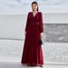 Women's Chiffon V-neck beaded floral pleated elegant ruffled shoulder sleeves pleated chest long skirt with straps and bows on the back_ecoleips.com