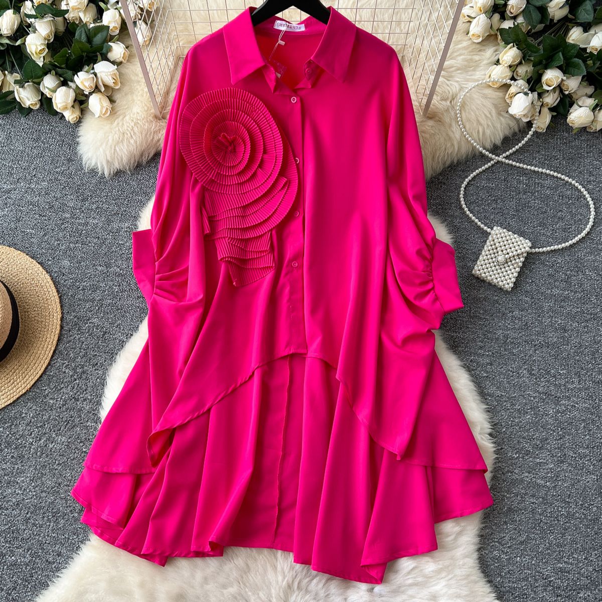 Women's Clothing 1 Sense Polo Collar Shirt Women Autumn Three Dimensional Flower Loose Irregular Pleated Tail Design Top_ecoleips.com