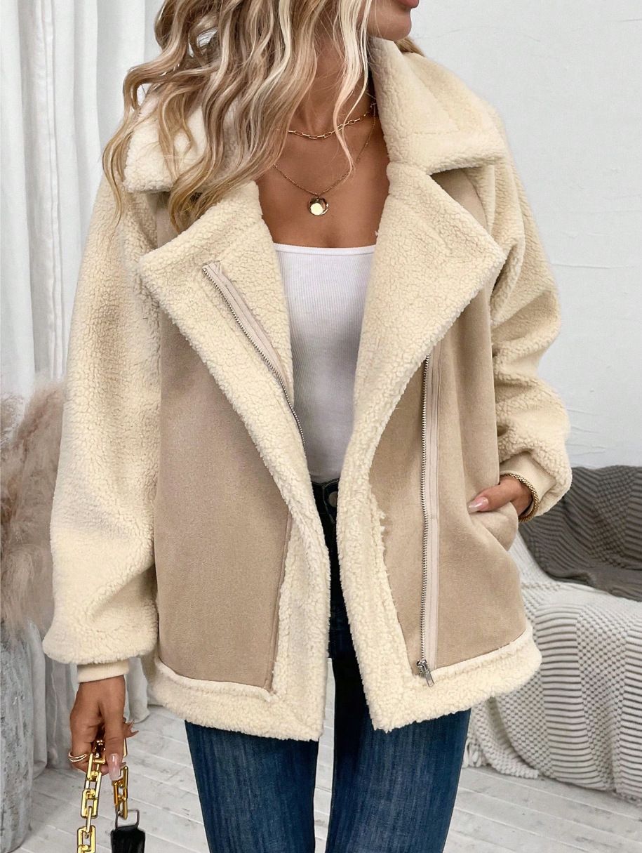 Women's Clothing Chic Oversized Faux Shearling Jacket – Distressed Suede & Fleece Biker Coat (Khaki, S-XL)_ecoleips.com