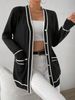 Smooth Fine Knit Cardigan, French Tweed Contrast Trim V-Neck Mid-Length Loose Outwear, Plus Size Women Casual Daily Commute Versatile Fashion Coat_ecoleips.com