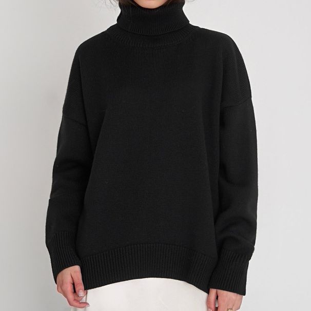 Classic Turtleneck Knit Sweater For Women - Loose Fit Winter Pullover In Solid Colors_ecoleips.com