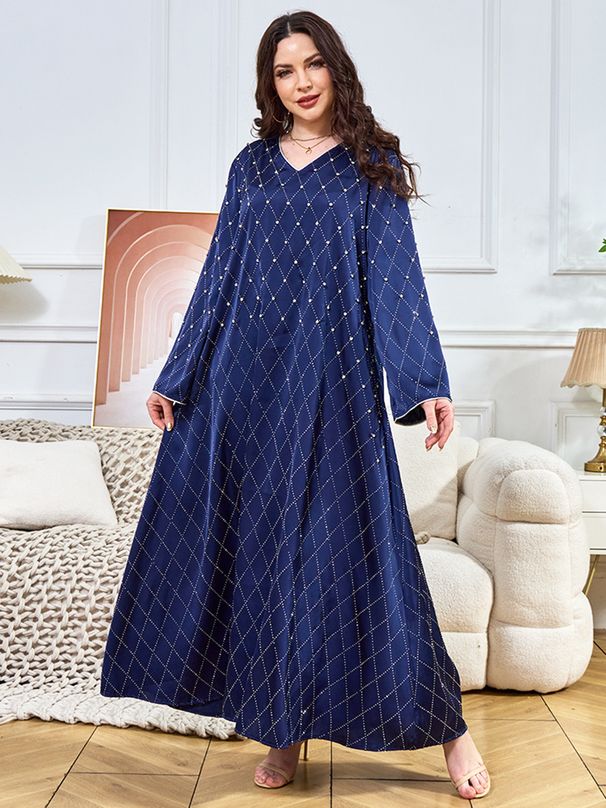 Muslim Party Dress For Women - Long Sleeve Retro Abaya With Nail Diamond Embellishments_ecoleips.com