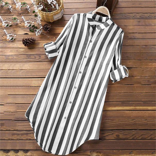 Large Quantity Of Women's Fashionable Striped Long-Sleeved Shirts, Casual Plus-Size Cotton Linen Shirts_ecoleips.com