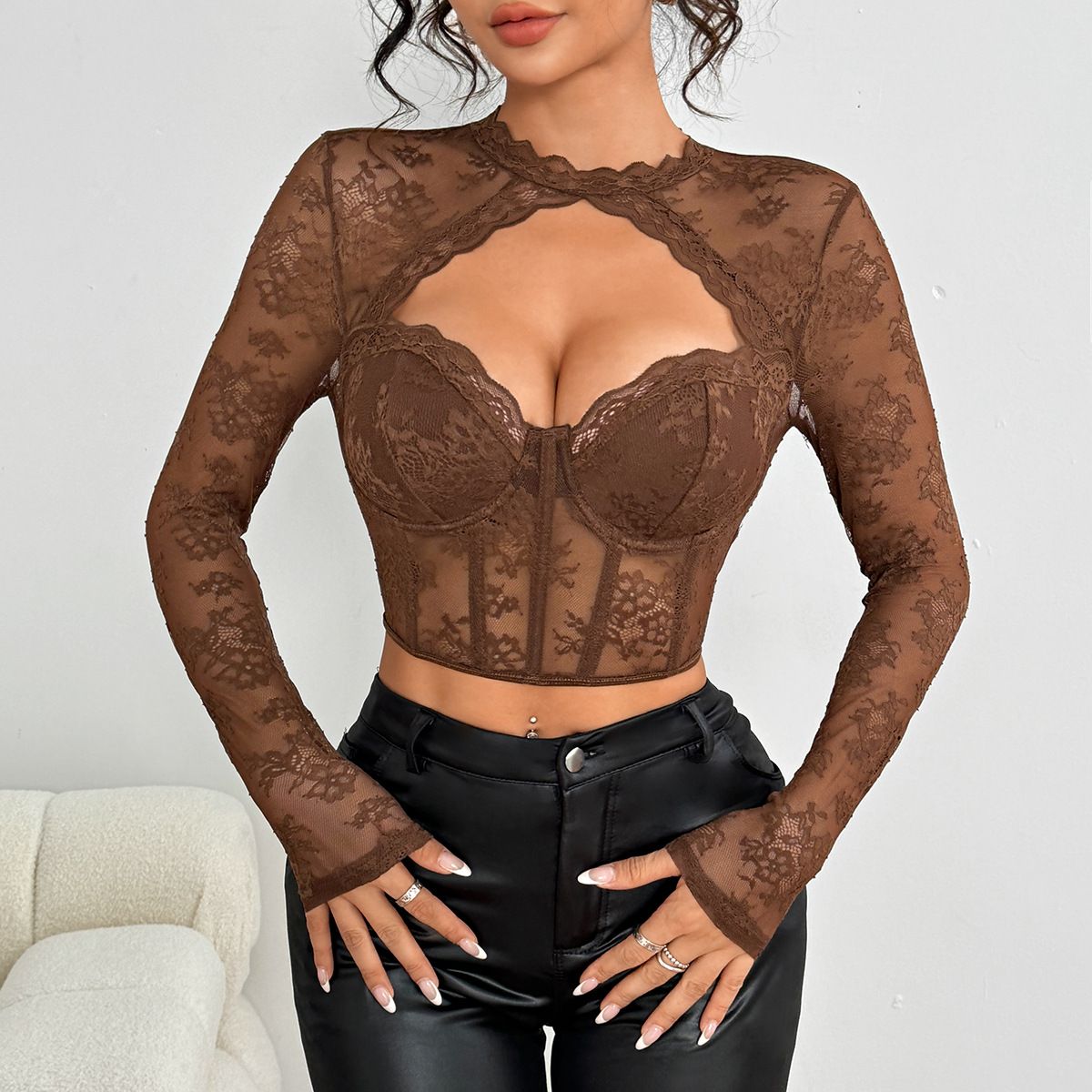 Hot Girl Sexy Floral Lace Hollow Round Neck Long Sleeve Underwire Fishbone See-Through Slim-Fit Top A1299_ecoleips.com