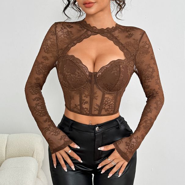Hot Girl Sexy Floral Lace Hollow Round Neck Long Sleeve Underwire Fishbone See-Through Slim-Fit Top A1299_ecoleips.com