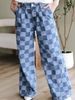 Women's Trendy Plaid Print Jeans, Autumn New Style, High Waist, Loose Fit, Wide Leg Pants_ecoleips.com
