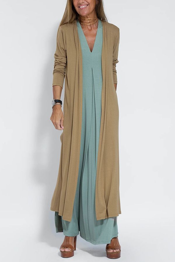 Women's Long Cardigan Jacket Casual Street Style Solid Color Autumn Winter Split Design European American Fashion Top_ecoleips.com