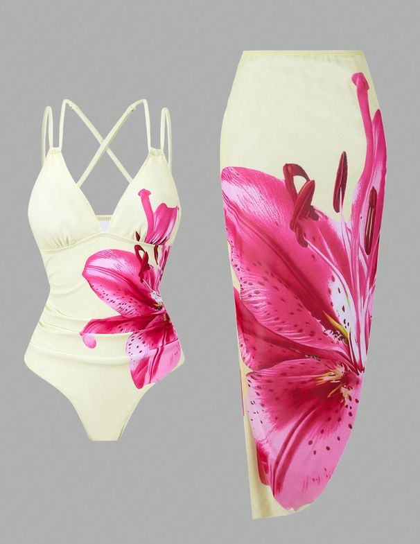 2026 Sexy One Piece Swimsuit European And American Style Foreign Trade Cross Border Charm Lily Print Women's Swimwear_ecoleips.com