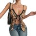Women's Leopard Print Lace Trim Camisole Top, Sheer Tie-Front Sleeveless Cami For Layering_ecoleips.com