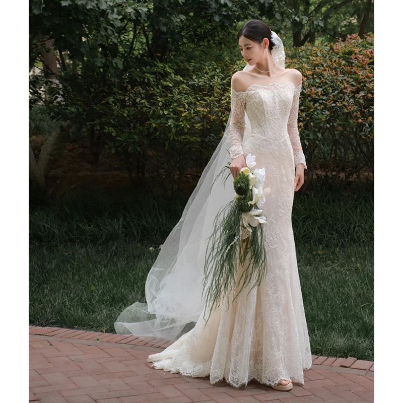 Vintage Style Off The Shoulder Lace Wedding Dress Long Sleeved Brides Gown Mermaid Evening Dress For Wedding Banquets_ecoleips.com