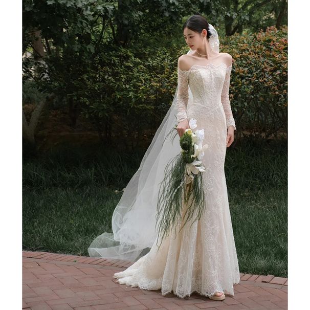 Vintage Style Off The Shoulder Lace Wedding Dress Long Sleeved Brides Gown Mermaid Evening Dress For Wedding Banquets_ecoleips.com