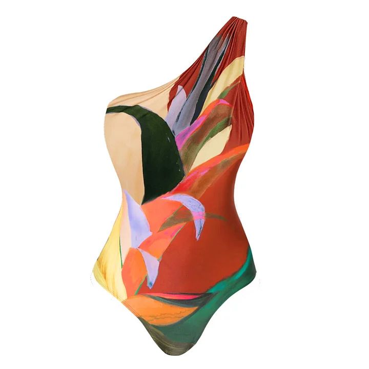 Women's Printed One-Piece Swimsuit With Shoulder Detail - Holiday Beach Swimwear_ecoleips.com