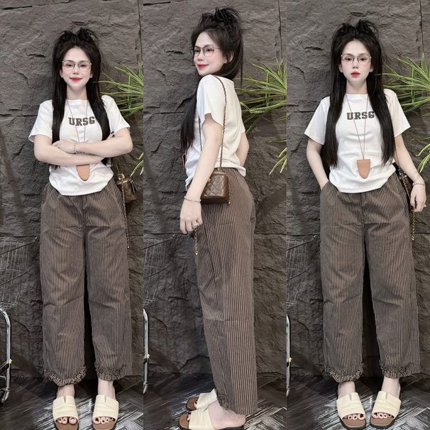 Women's Clothing Summer Fashion Set Embroidered Letter Print Short Sleeve Top With Ruffled Wide Leg Pants Two-Piece Outfit_ecoleips.com