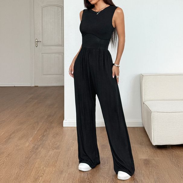 Women's Clothing 2025 Spring And Summer European And American Holiday Casual Style Waist Sleeveless Wide Leg Jumpsuit_ecoleips.com