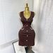 Elegant Sleeveless Knit Dress With Rhinestone Buttons - Bodycon Mini Dress For Women, Slimming High Waist Design, Shimmering Fabric_ecoleips.com