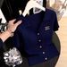 Women's Korean-Style Short-Sleeve Knit Top – Slim-Fit Lapel Collar, Breathable & Elegant (Navy/Beige/Gray/Black, One-Size Fits 90-135 Lbs)_ecoleips.com