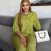 Women's Clothing Oversized Shirt & Wide-Leg Pants Set – Relaxed Matching Outfit In Solid Green/Beige, Long Sleeve With Side Slits, Polyester Blend_ecoleips.com