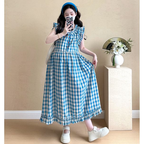 Real Shot In Stock Maternity Summer Sweet Korean Style Ruffled Skirt Flutter Sleeve Plaid Cotton Round Neck Dress_ecoleips.com