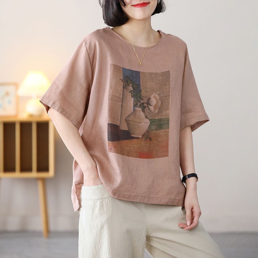 Summer Round-Neck Printed Cotton-Linen Shirt With Artistic Design, Short Sleeves, Large Size Versatile For Various Occ_ecoleips.com