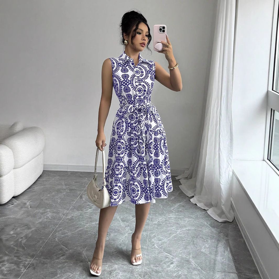 Women's Clothing Summer New Fashion Print Sleeveless Tie Waist Dress_ecoleips.com