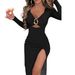 Elegant V-Neck Ruffle Split Hem Dress – Women’s Stretch Knit Maxi Dress (Breathable Polyester, Black/Burgundy/Navy, S-XXL)_ecoleips.com