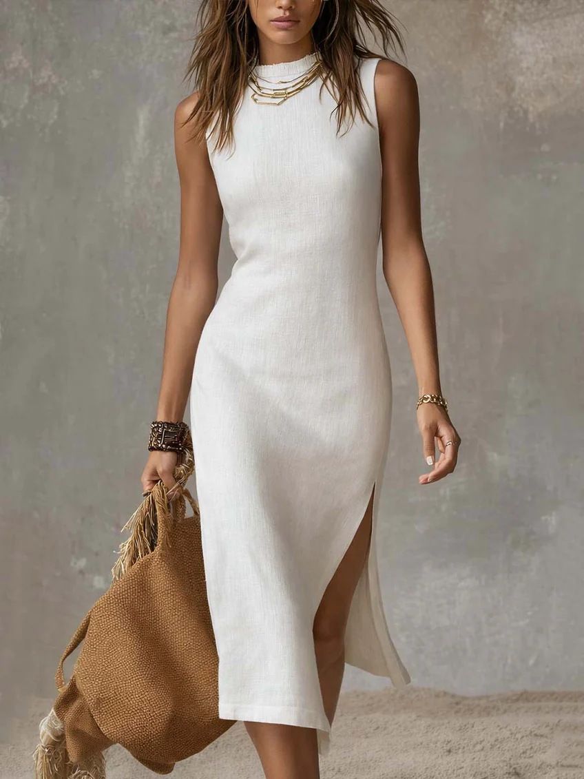 Women's Clothing Elegant High-Slit Knit Midi Dress | Sleeveless Solid Color Bodycon Dress For Women_ecoleips.com
