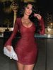 Women's Sparkling Silver Mini Dress Long Sleeve Fitted Party Dress_ecoleips.com