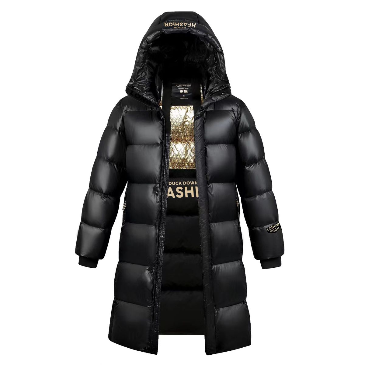 Unisex Long Puffer Jacket With Metallic Black Finish – 550fp Duck Down Coat For Extreme Cold , High-Shine Outer Shell (S-3xl, Machine Washable)_ecoleips.com