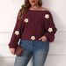 Plus Size Off Shoulder Batwing Sleeve Sweater For Women - Asymmetrical Design With Handmade Floral Details, Soft Acrylic Blend_ecoleips.com